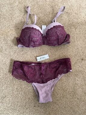 Xhilaration Plum Lace Push-Up Bra & Light Mauve Bikini Set